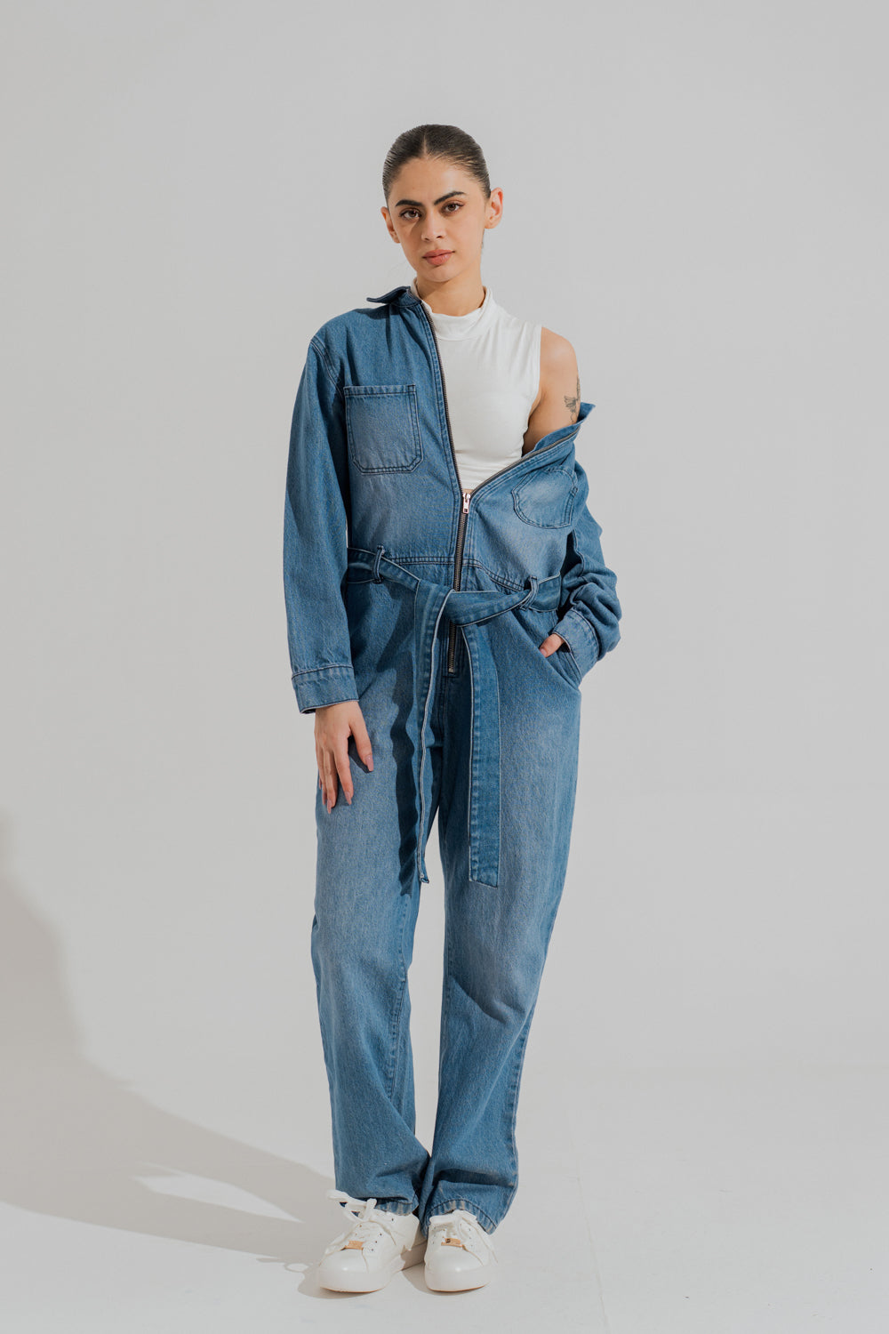 Mid Wash Belted Denim Jumpsuit - Hustle N Holla