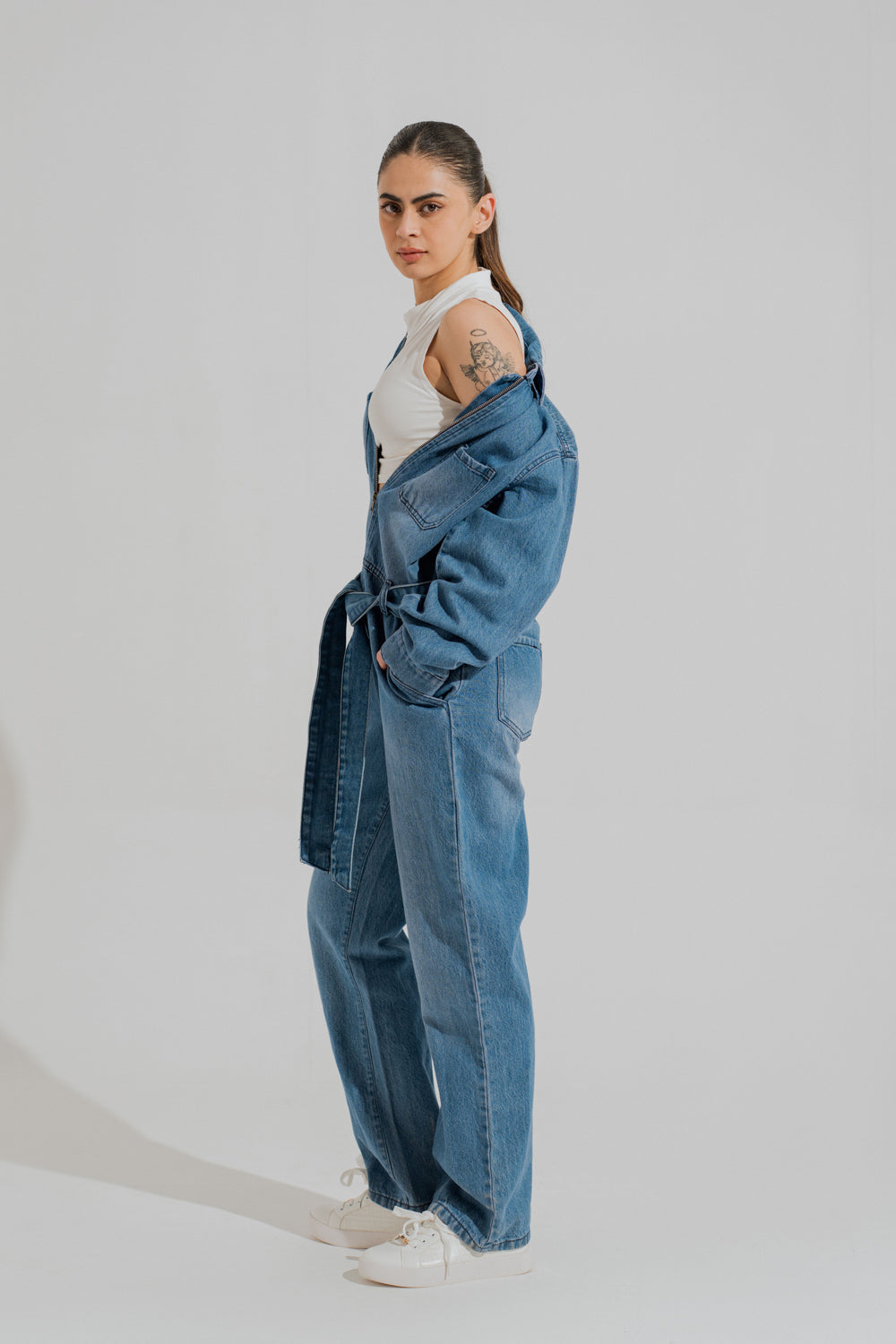 Mid Wash Belted Denim Jumpsuit - Hustle N Holla