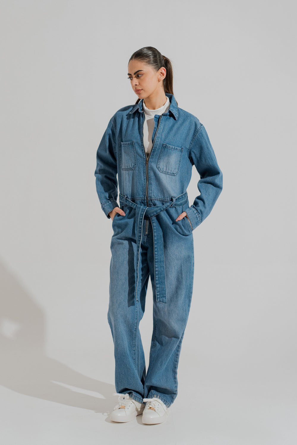 Mid Wash Belted Denim Jumpsuit - Hustle N Holla