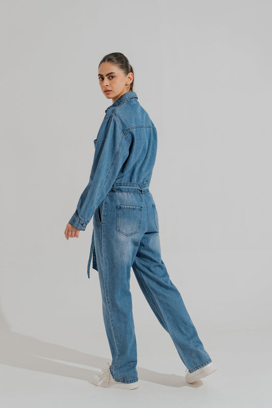 Mid Wash Belted Denim Jumpsuit - Hustle N Holla
