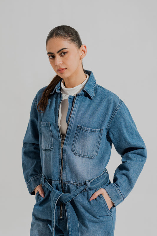 Mid Wash Belted Denim Jumpsuit - Hustle N Holla