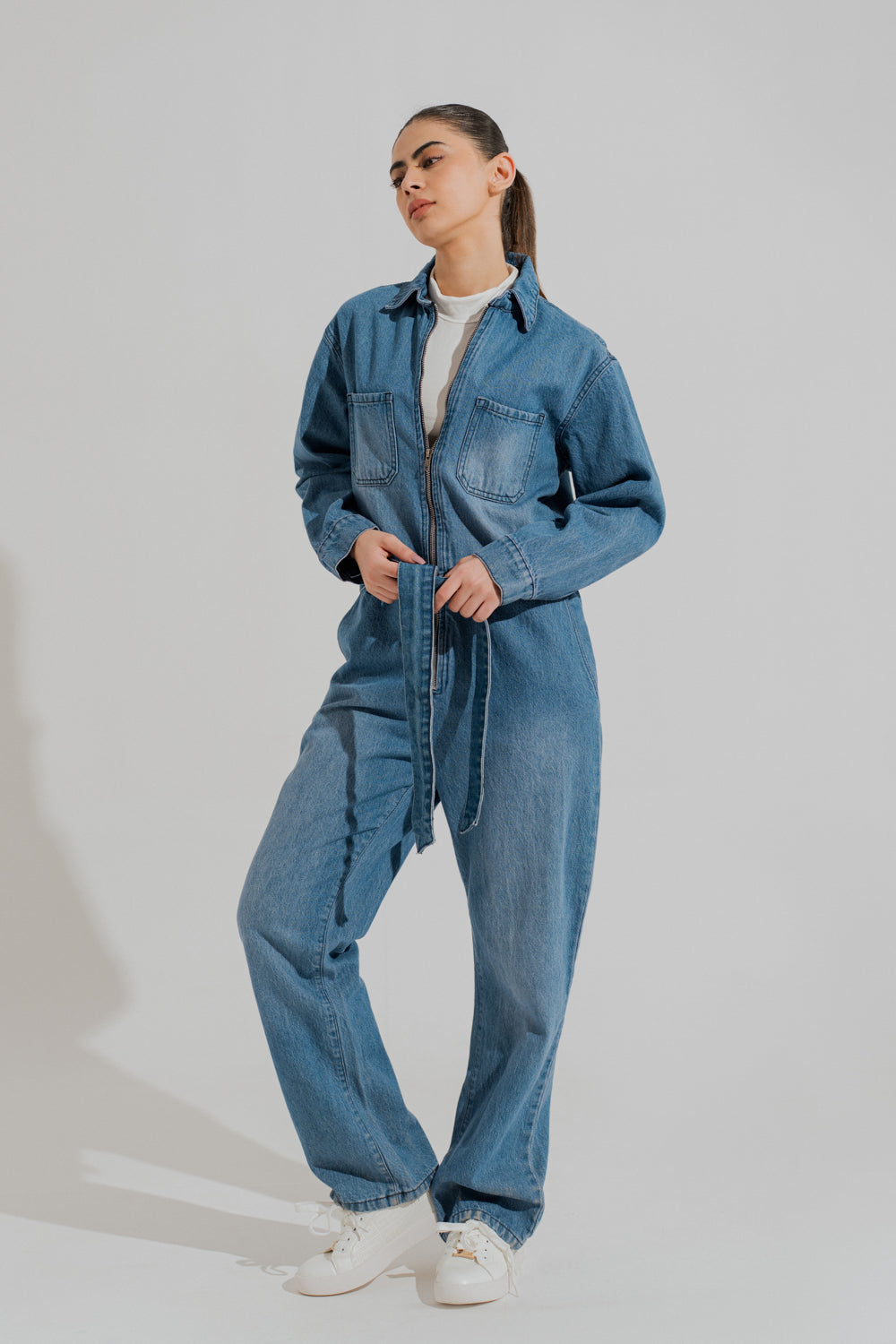 Mid Wash Belted Denim Jumpsuit