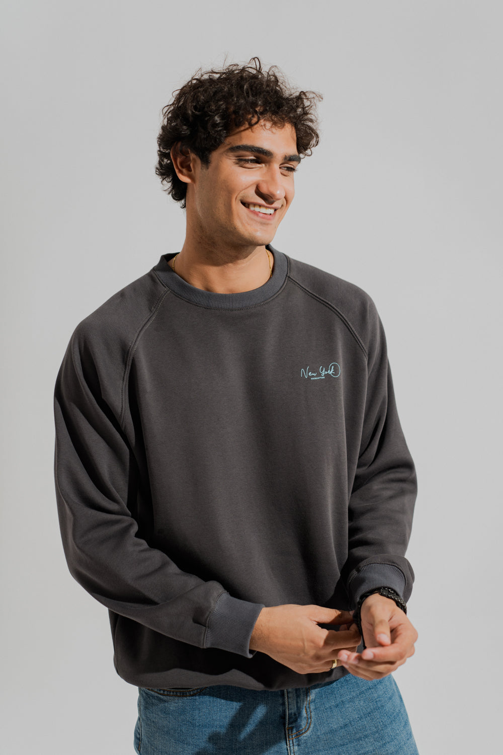 Charcoal Grey Relaxed Fit Raglan Graphic Sweatshirt - Hustle N Holla