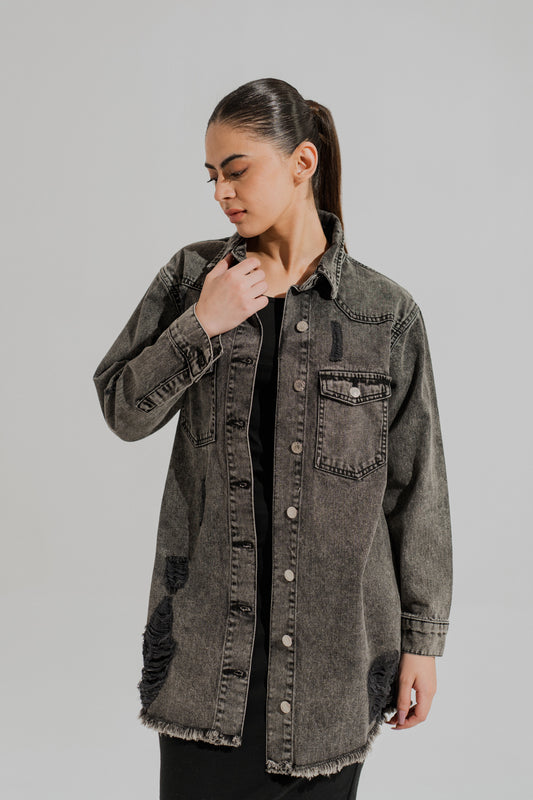 Mid Wash Relaxed Fit Button Down Over Shirt - Hustle N Holla