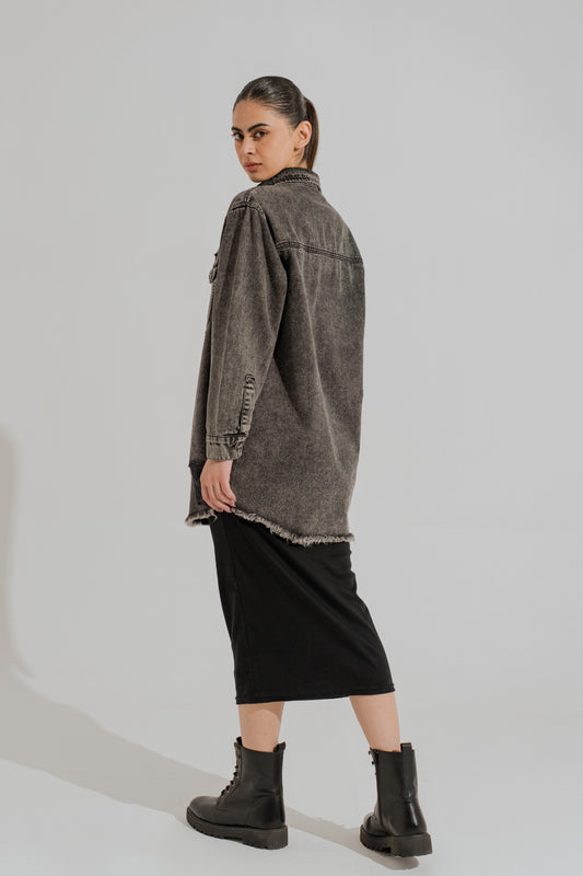Mid Wash Relaxed Fit Button Down Over Shirt - Hustle N Holla