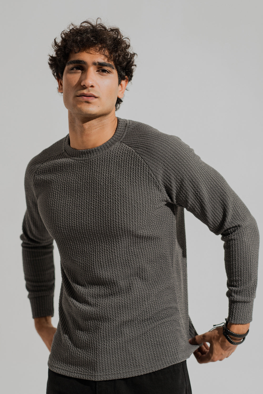 Charcoal Grey Regular Fit Long Sleeves Textured Shirt