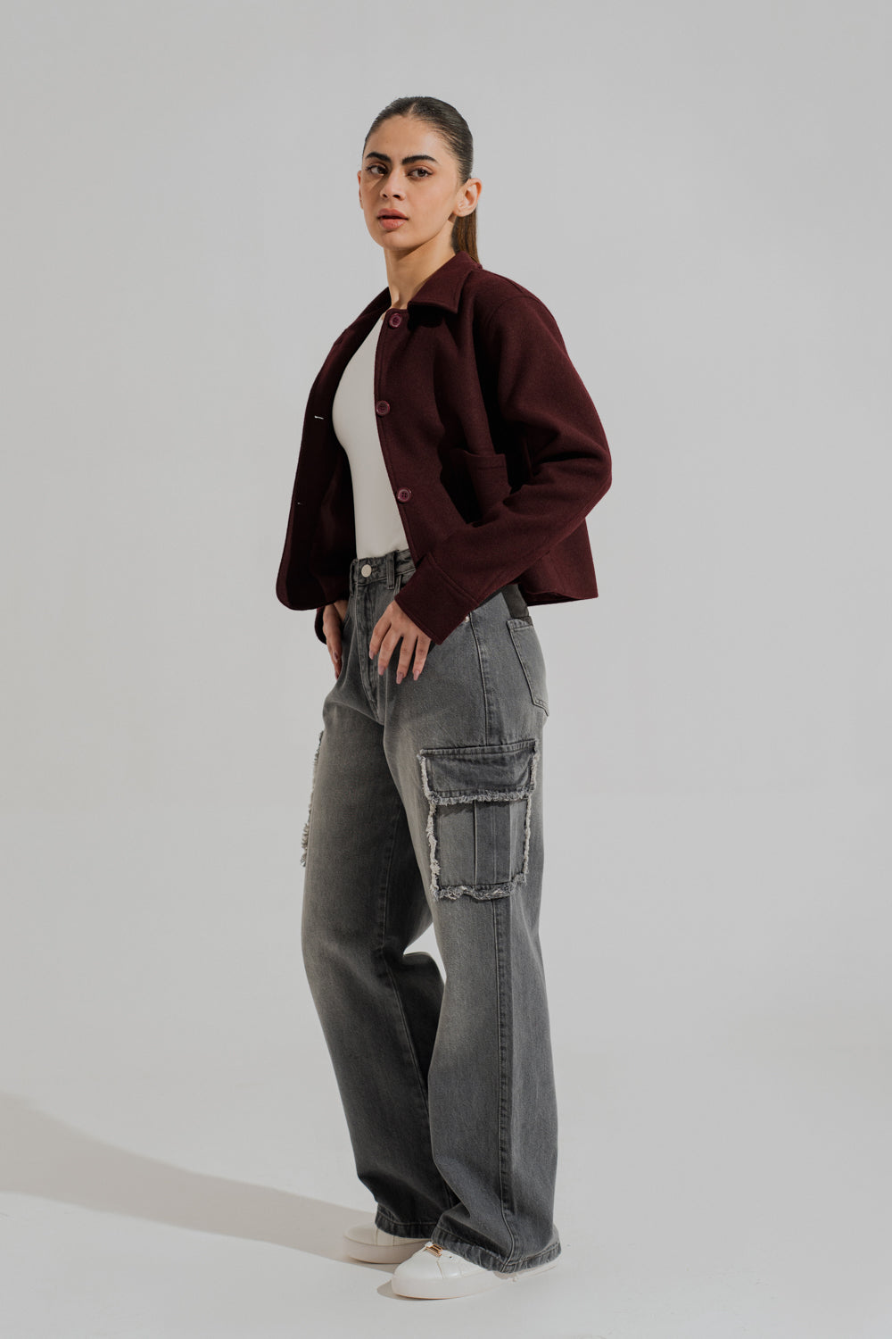 Grey Mid Wash Wide Leg Cargo Denim Jeans - Hustle N Holla
