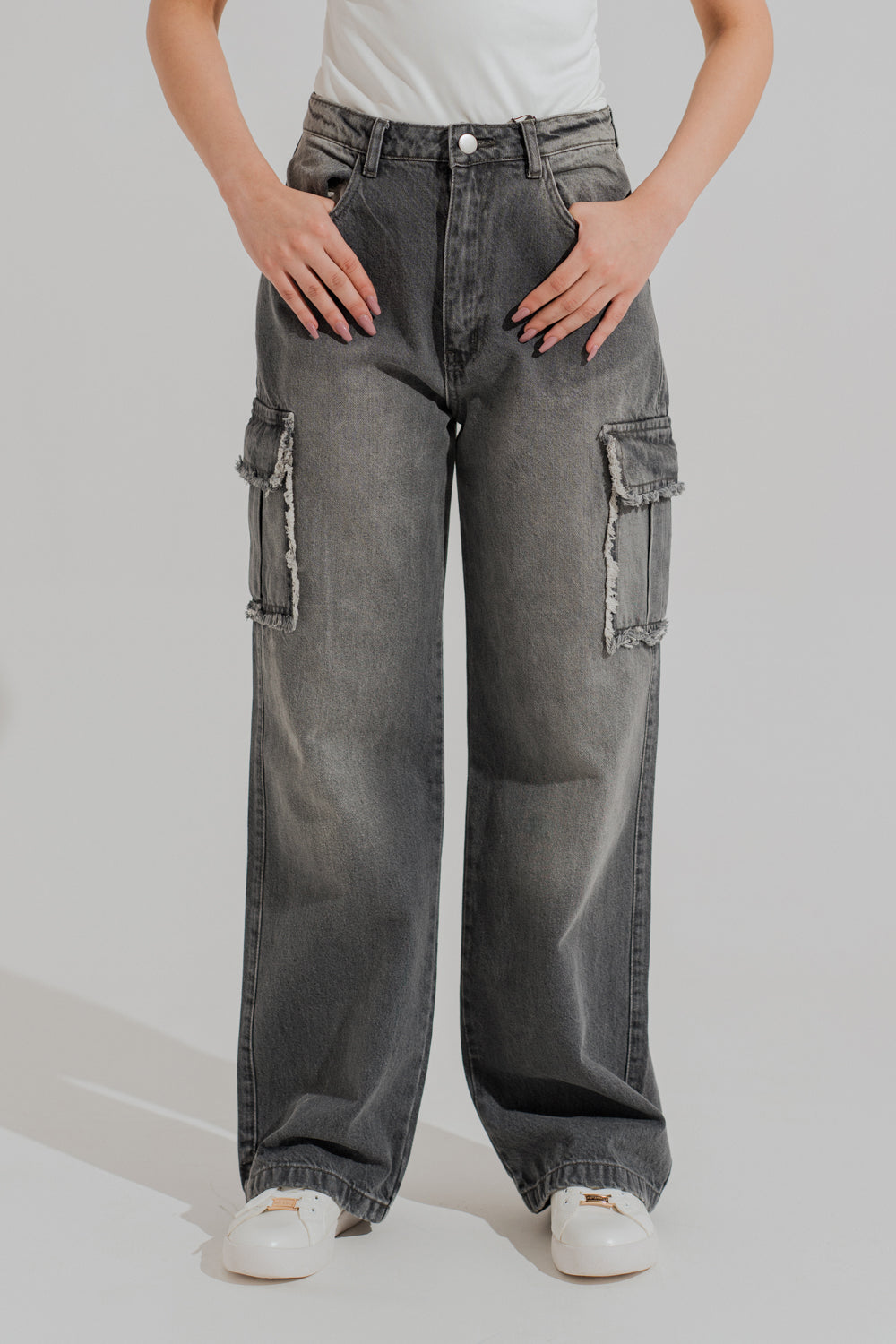 Grey Mid Wash Wide Leg Cargo Denim Jeans