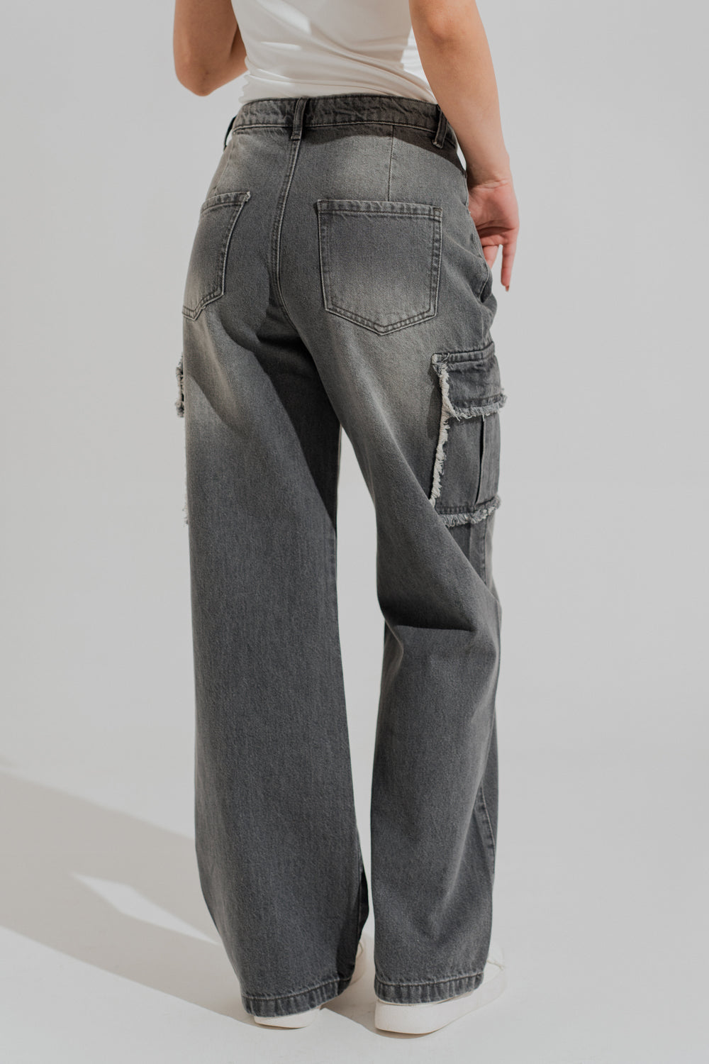 Grey Mid Wash Wide Leg Cargo Denim Jeans - Hustle N Holla