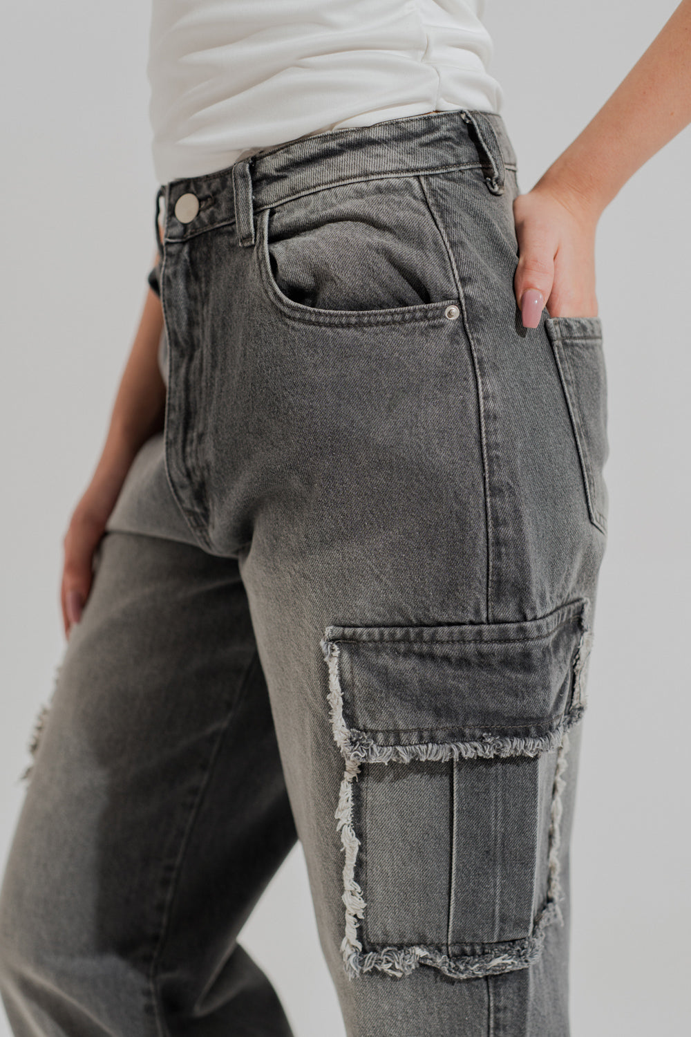 Grey Mid Wash Wide Leg Cargo Denim Jeans - Hustle N Holla