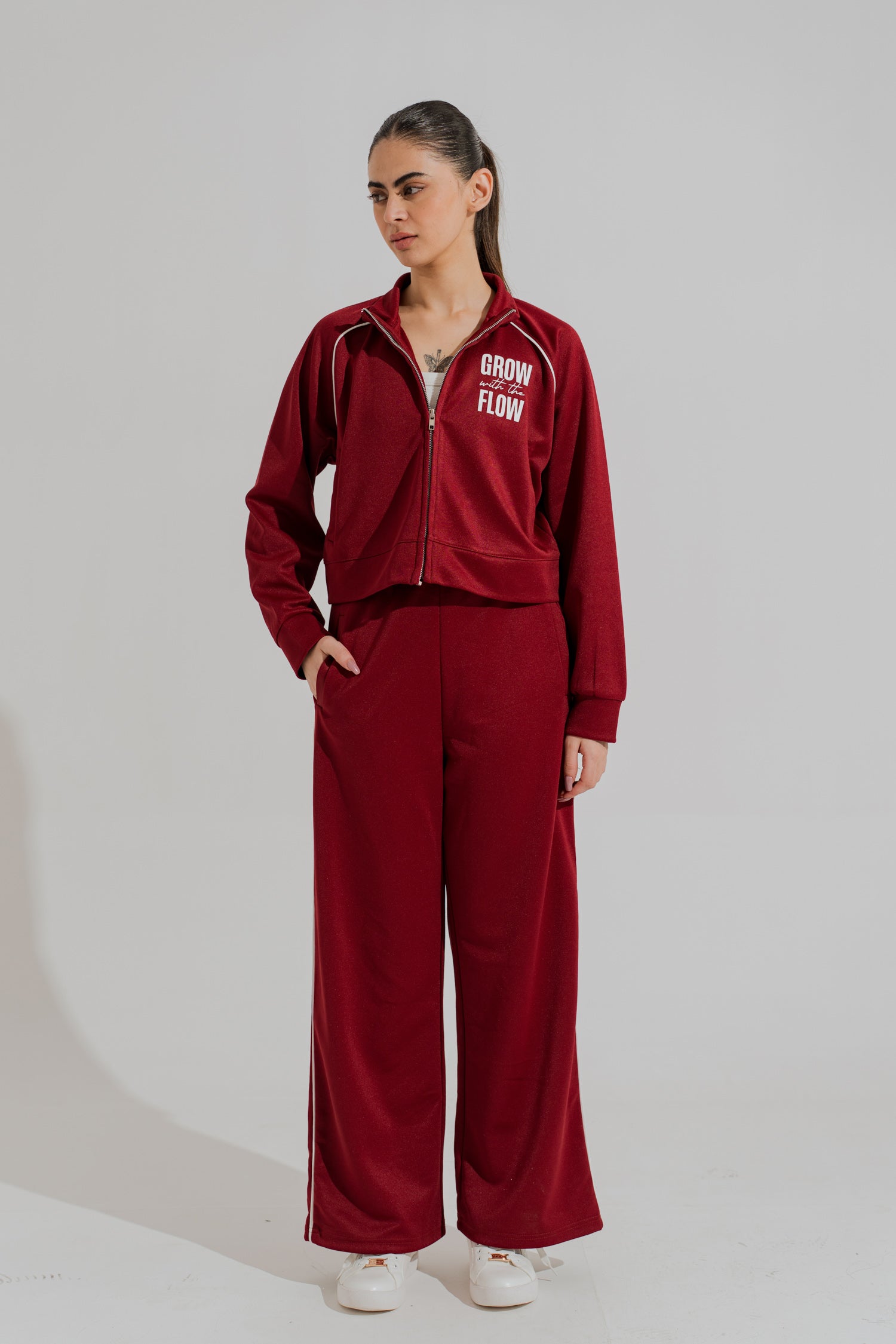 Maroon Regular Fit Mock Neck Zipper