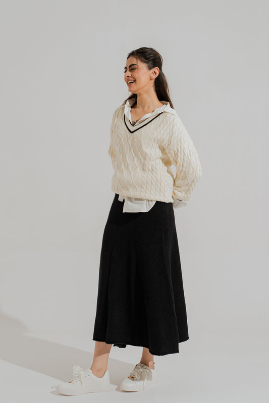 Black Wool A-line Midi Skirt - Hustle N Holla