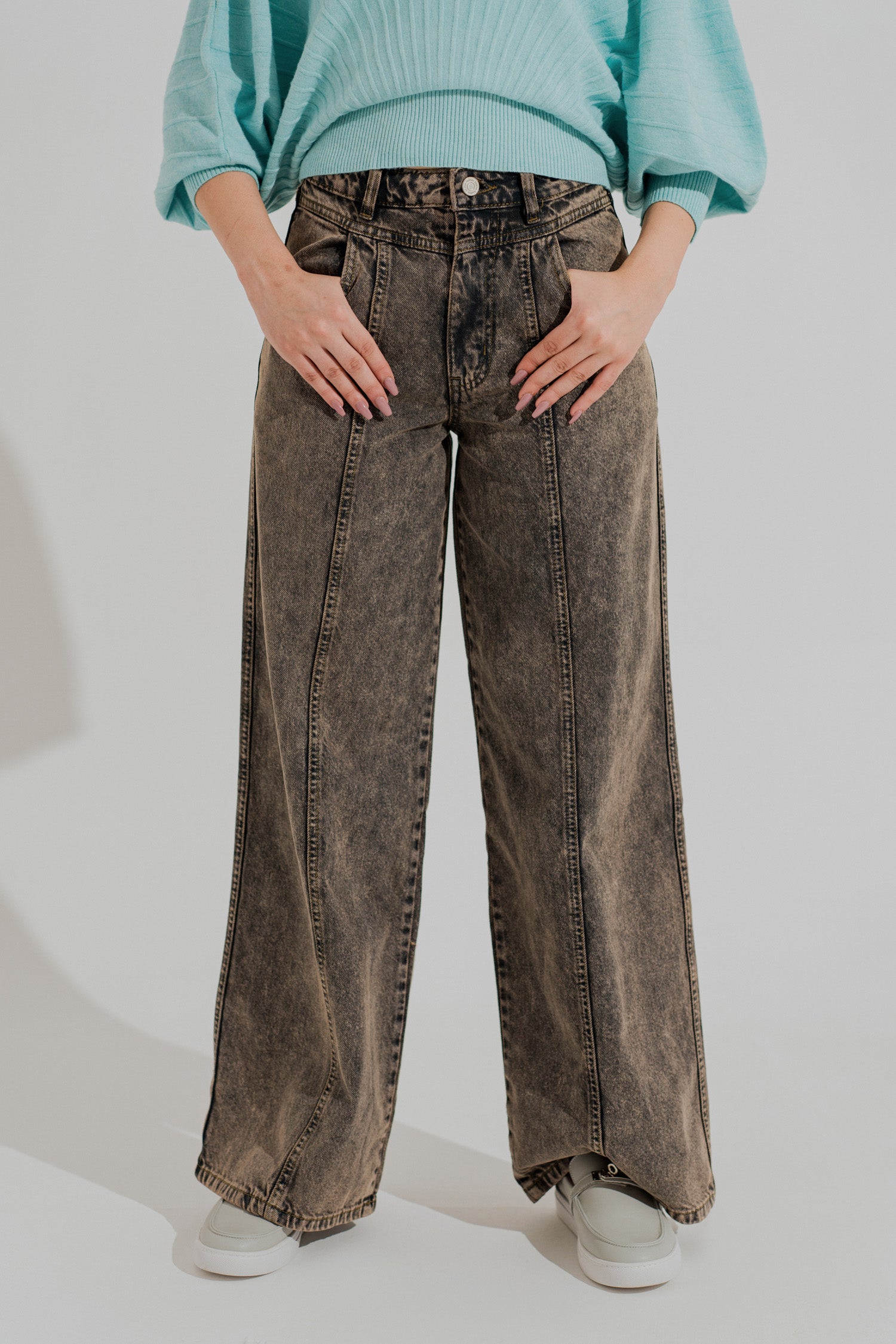 Grey Mid Wash Panelled Wide Leg Denim Jeans