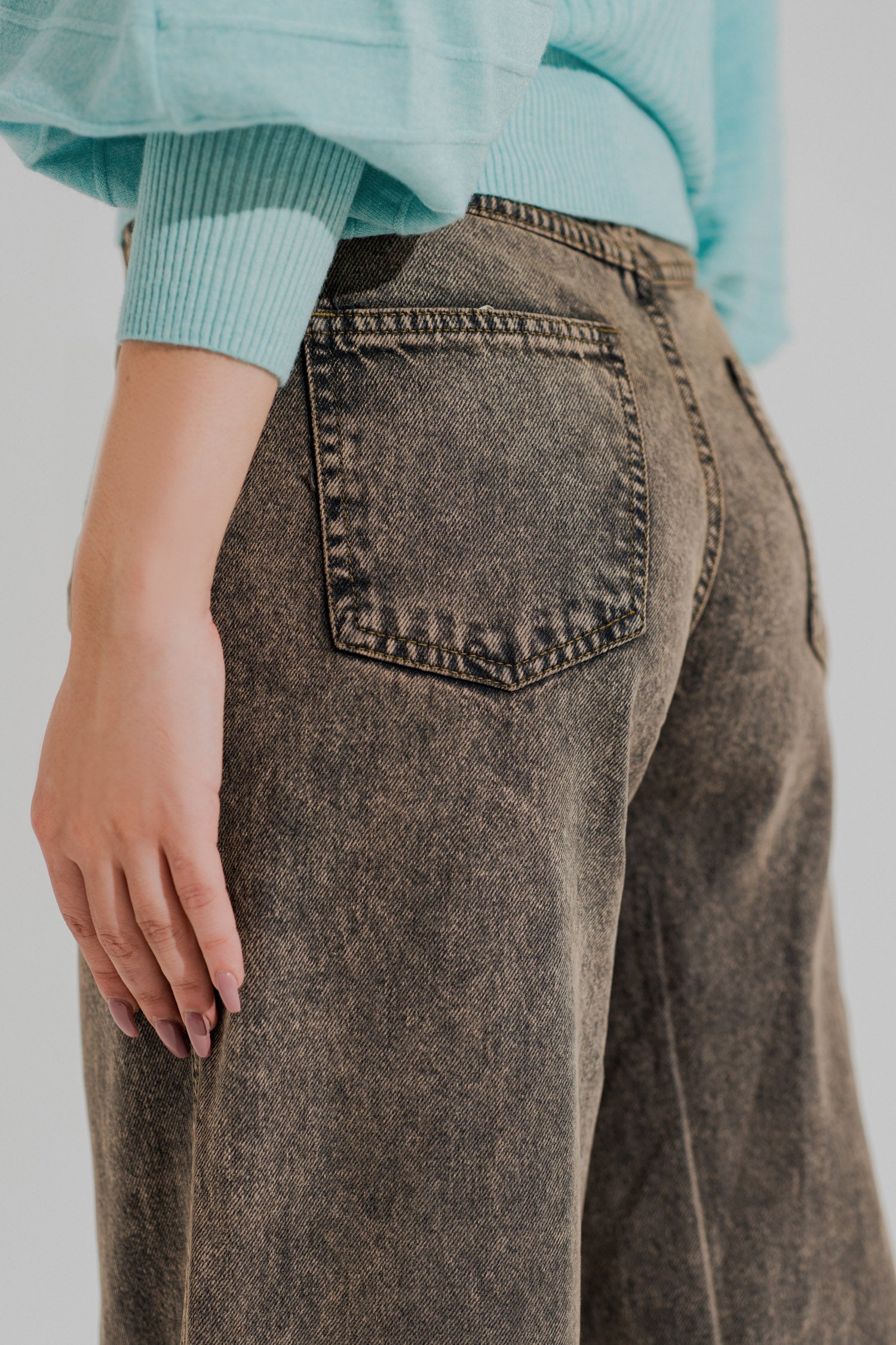 Grey Mid Wash Panelled Wide Leg Denim Jeans - Hustle N Holla