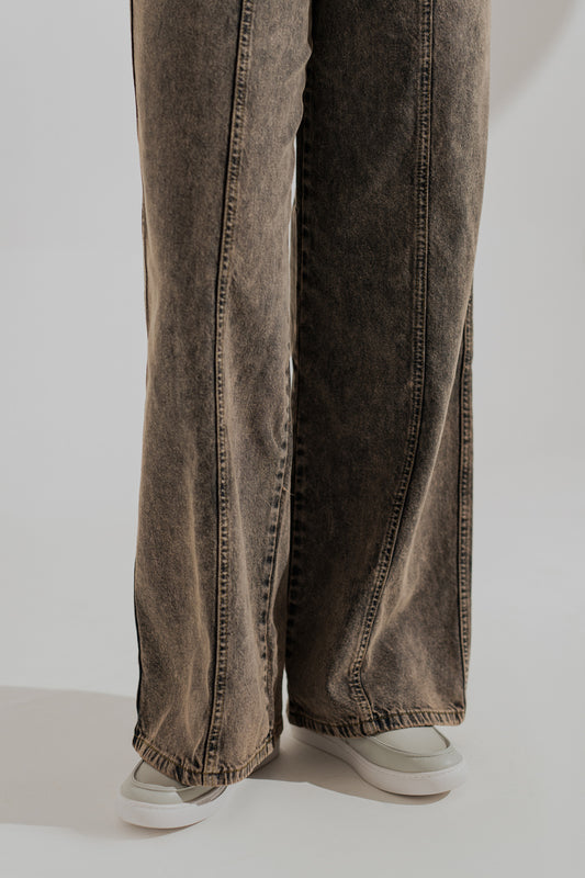 Grey Mid Wash Panelled Wide Leg Denim Jeans - Hustle N Holla