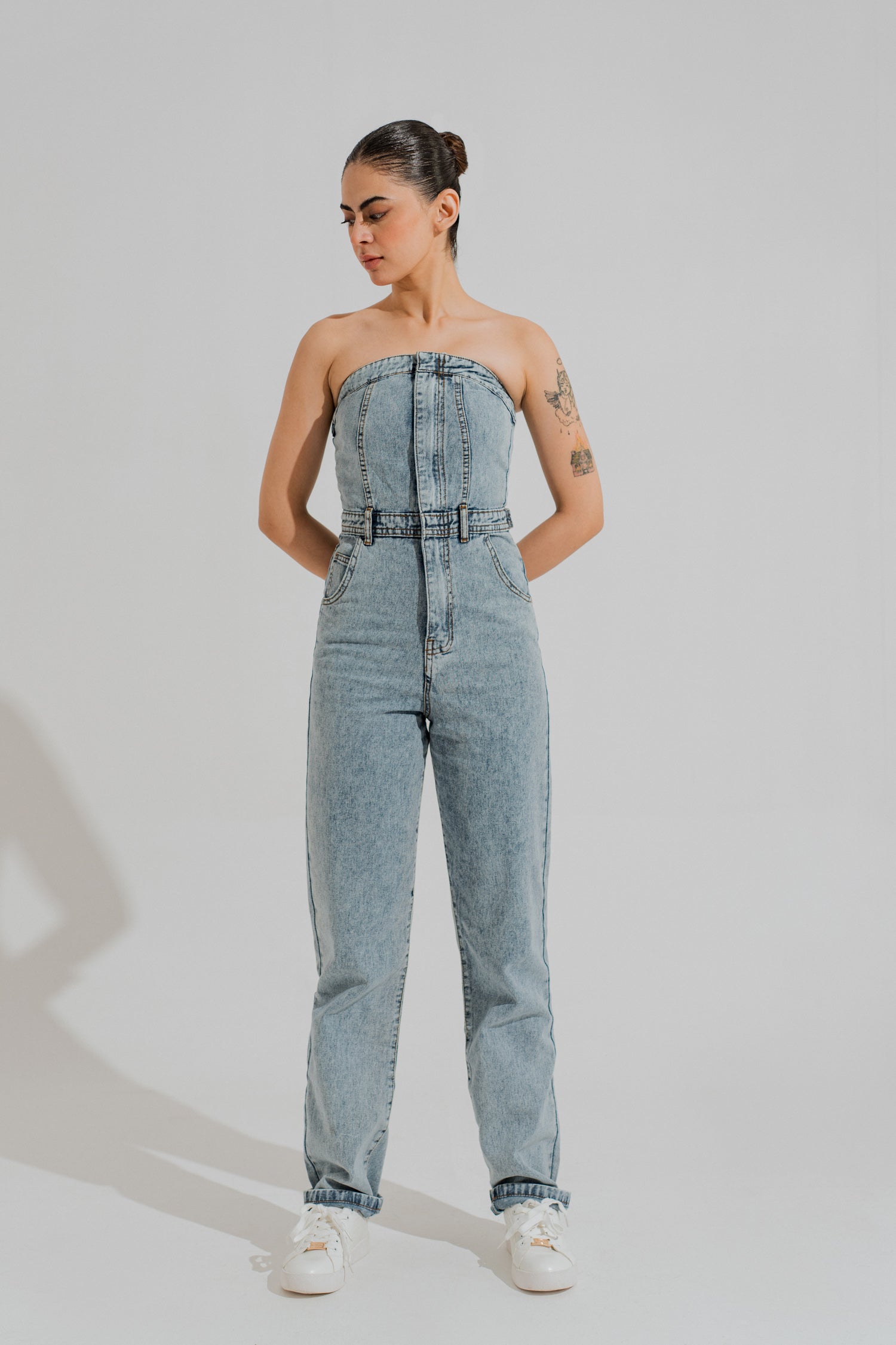 Light Washed Slim Fit Corset Jumpsuit - Hustle N Holla