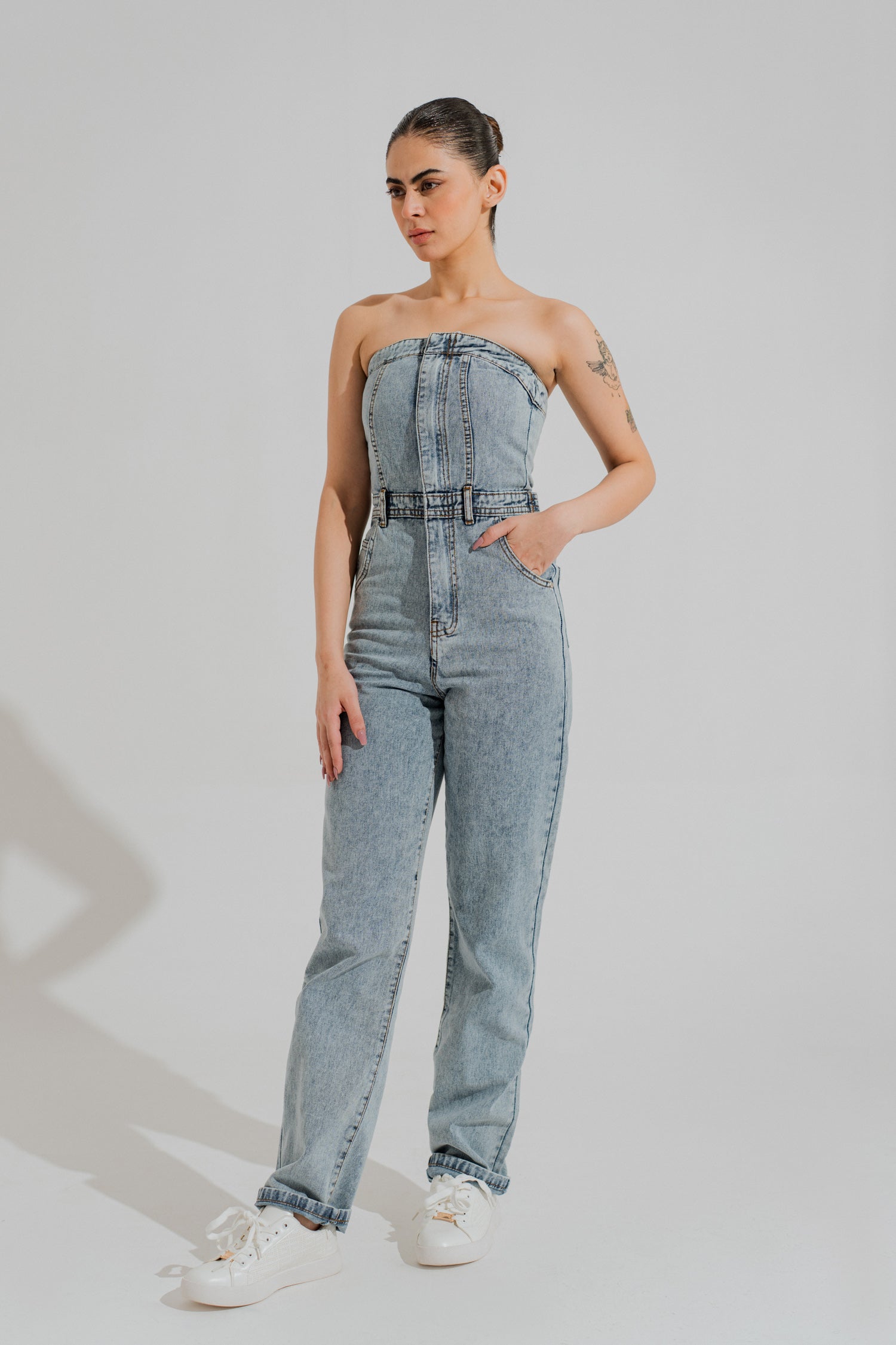 Light Washed Slim Fit Corset Jumpsuit - Hustle N Holla