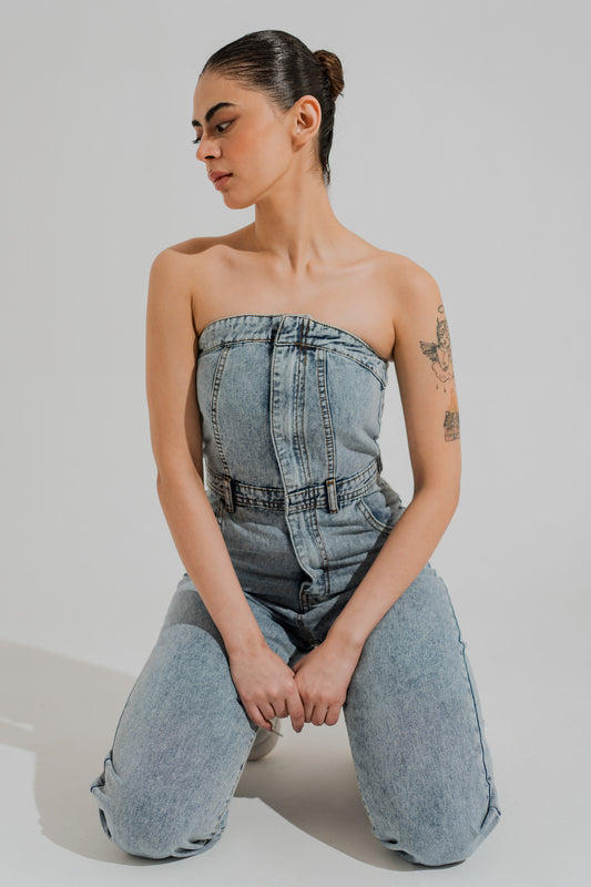 Light Washed Slim Fit Corset Jumpsuit