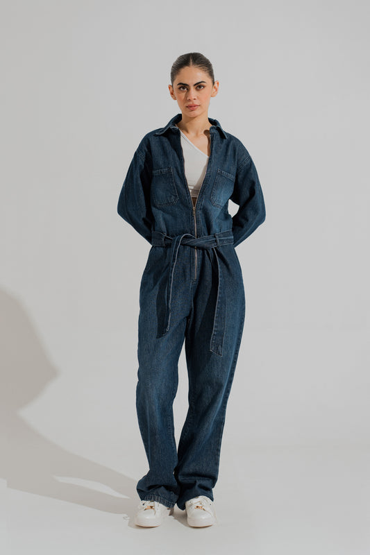 Indigo Wash Belted Denim Jumpsuit