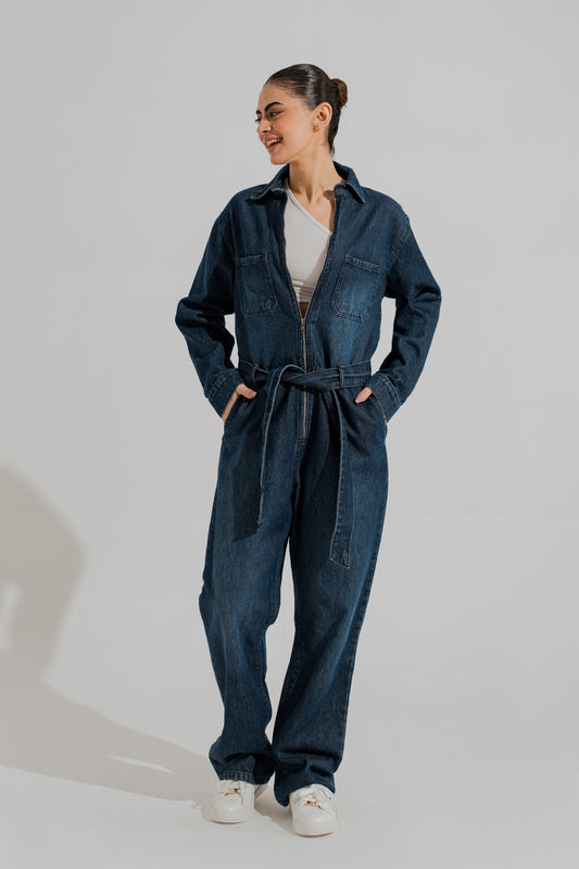 Indigo Wash Belted Denim Jumpsuit