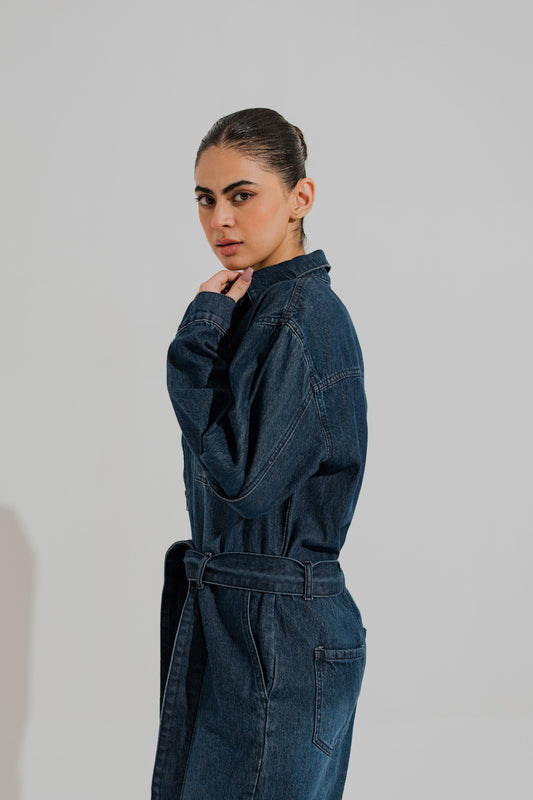 Indigo Wash Belted Denim Jumpsuit