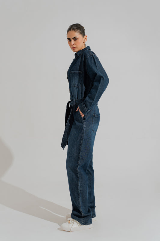 Indigo Wash Belted Denim Jumpsuit