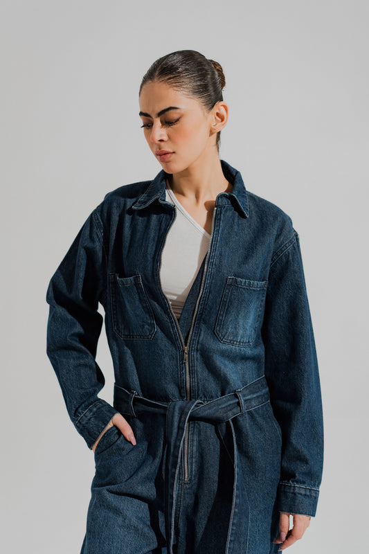 Indigo Wash Belted Denim Jumpsuit