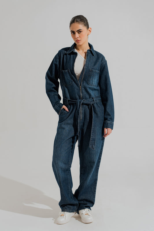 Indigo Wash Belted Denim Jumpsuit