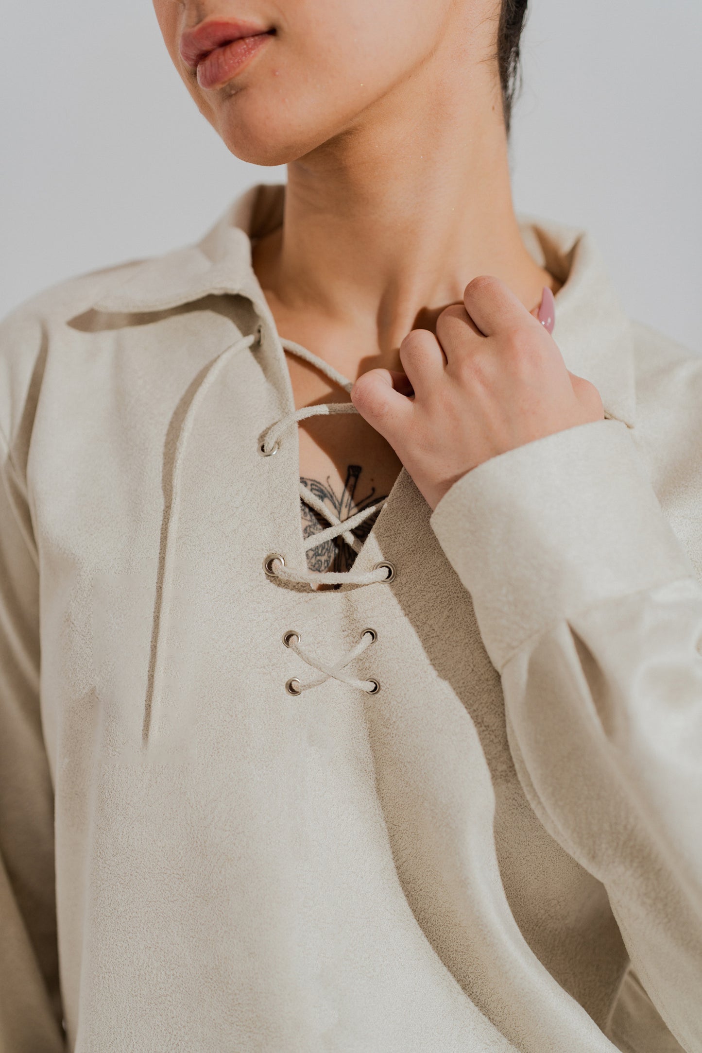 Off White Suede Lace up Relaxed Fit Shirt - Hustle N Holla