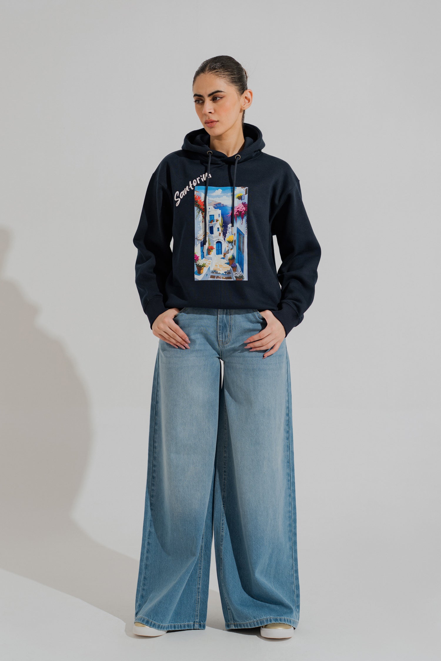 Navy Blue Oversized Graphic Pullover Hoodie