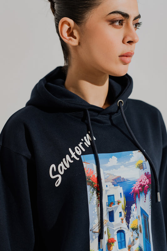 Navy Blue Oversized Graphic Pullover Hoodie - Hustle N Holla