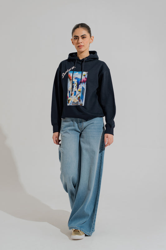 Navy Blue Oversized Graphic Pullover Hoodie - Hustle N Holla