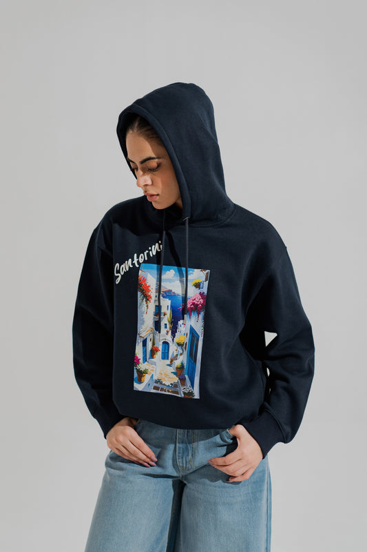 Navy Blue Oversized Graphic Pullover Hoodie - Hustle N Holla