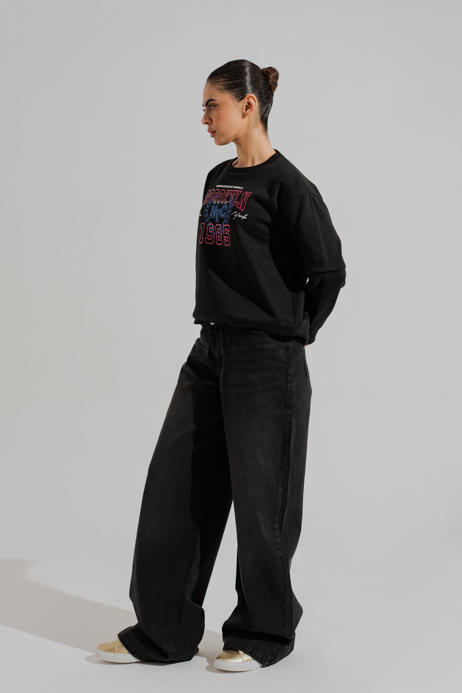 Black Asymmetrical Waist Band Wide Leg Jeans - Hustle N Holla