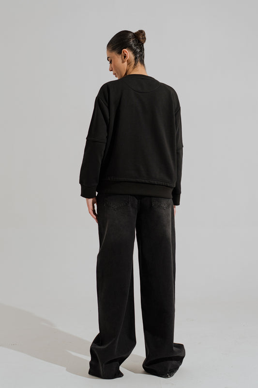 Black Asymmetrical Waist Band Wide Leg Jeans - Hustle N Holla