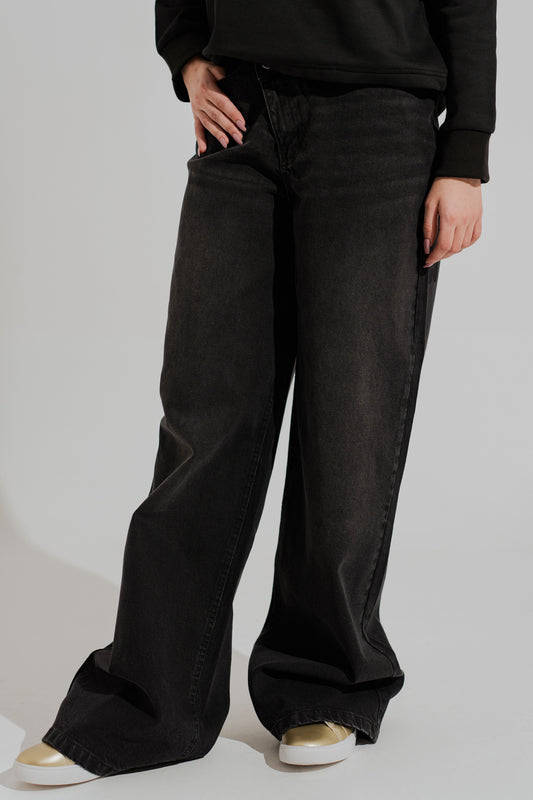 Black Asymmetrical Waist Band Wide Leg Jeans - Hustle N Holla