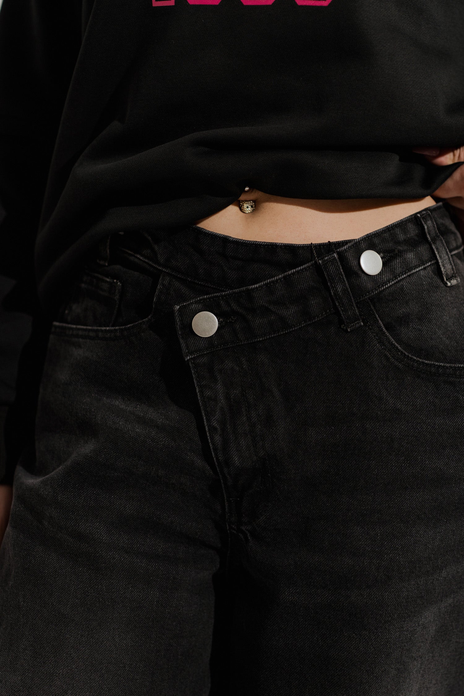 Black Asymmetrical Waist Band Wide Leg Jeans - Hustle N Holla