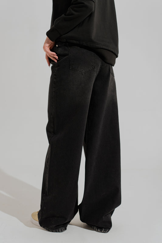 Black Asymmetrical Waist Band Wide Leg Jeans - Hustle N Holla