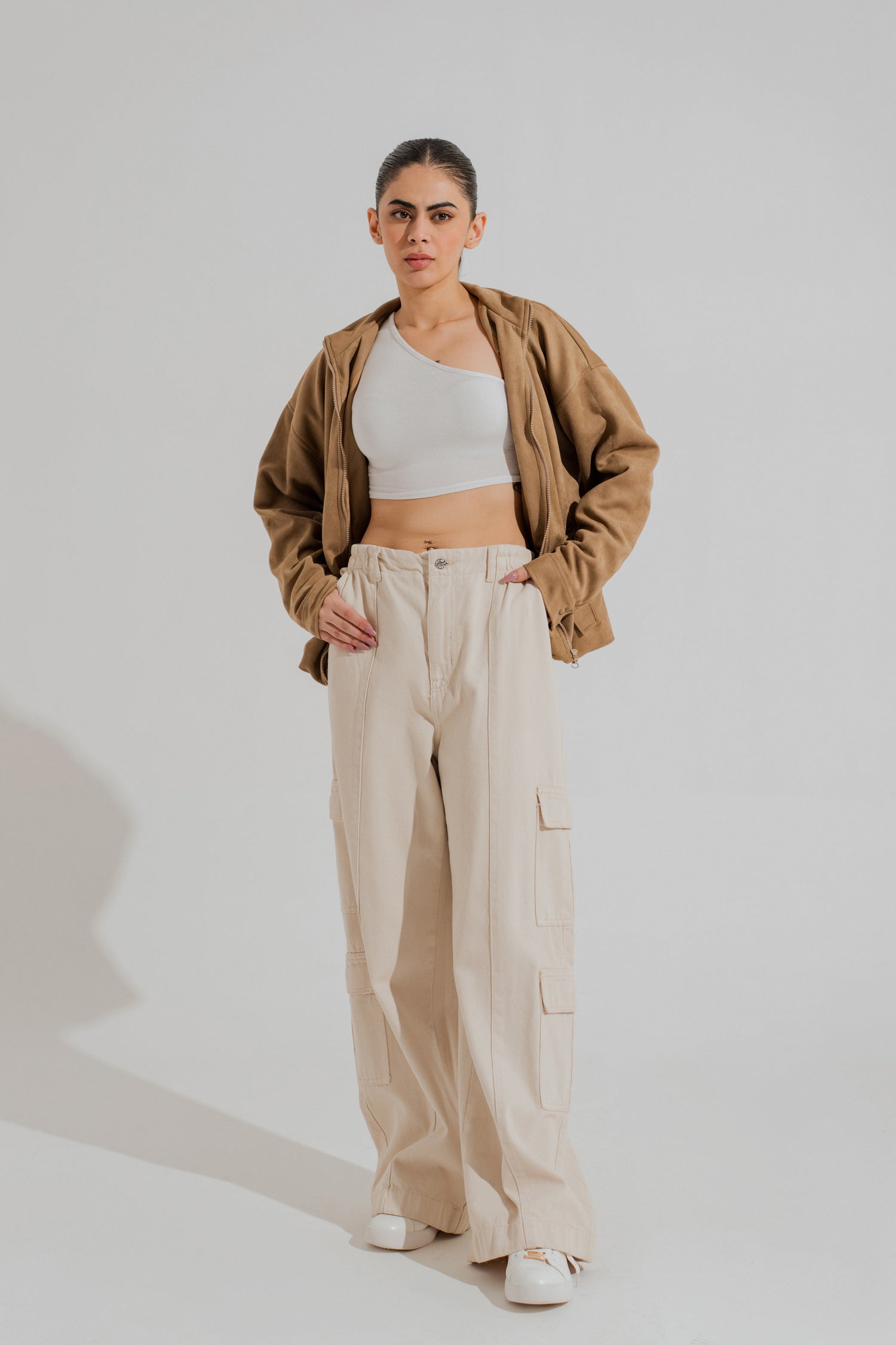 Tan Oversized Mock Neck Suede Jacket