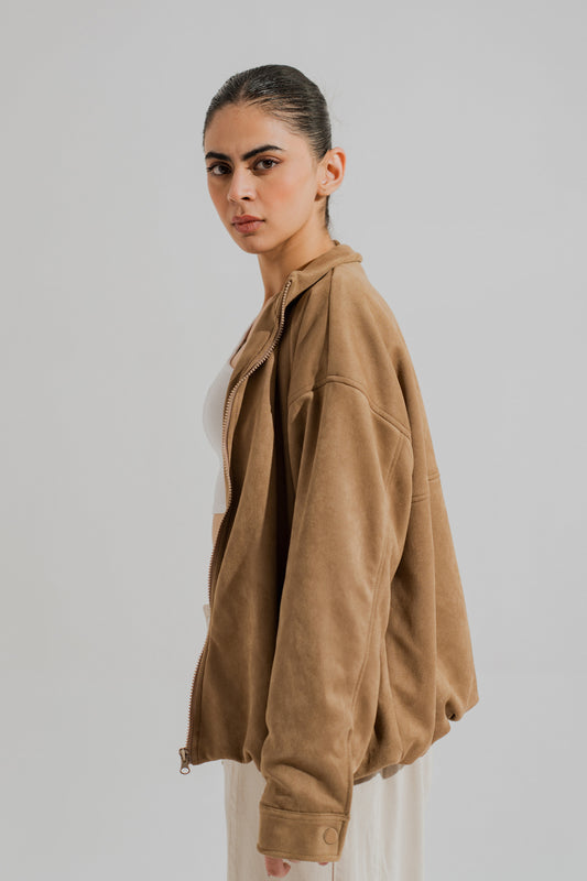 Tan Oversized Mock Neck Suede Jacket - Hustle N Holla