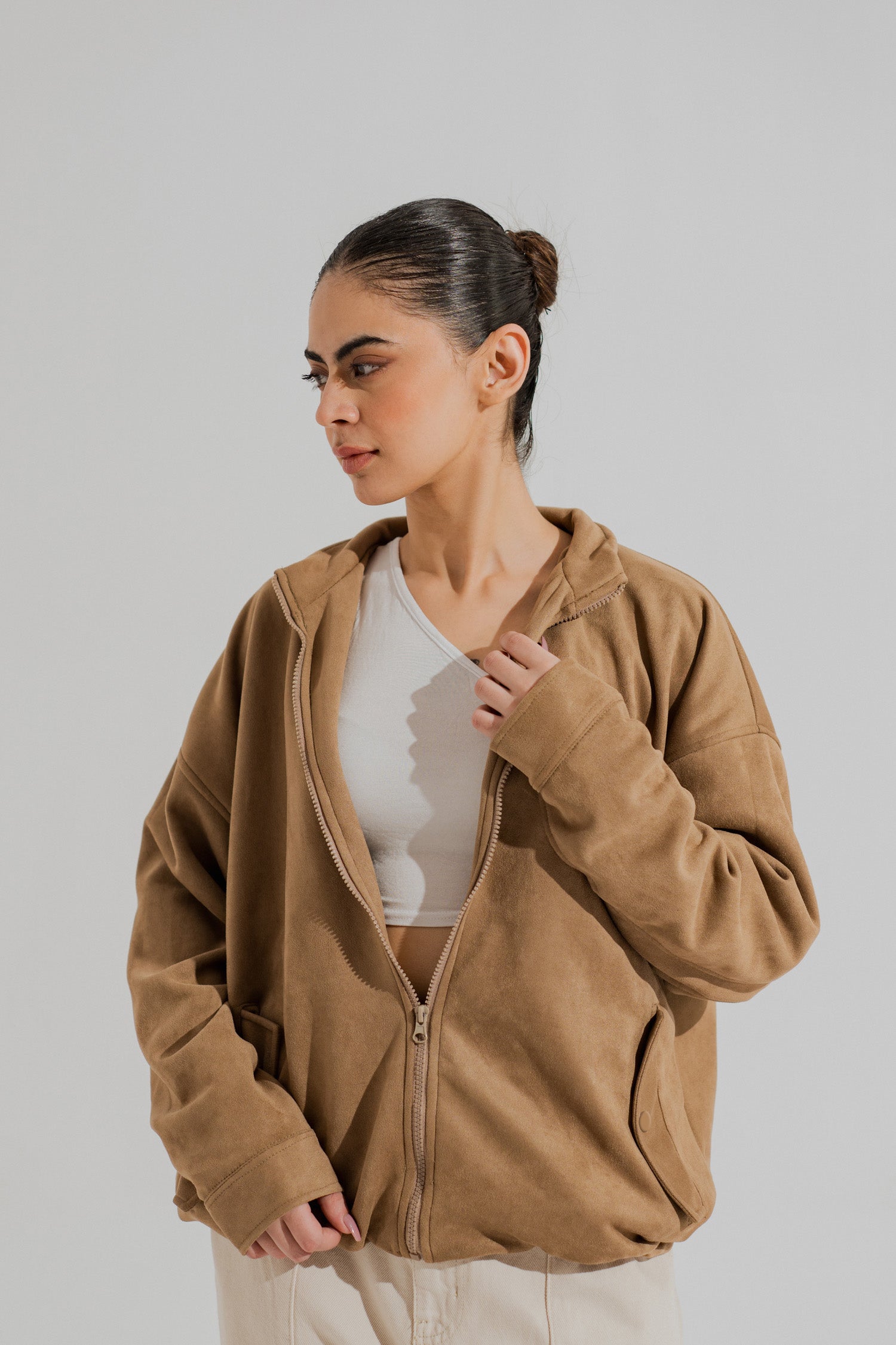 Tan Oversized Mock Neck Suede Jacket - Hustle N Holla