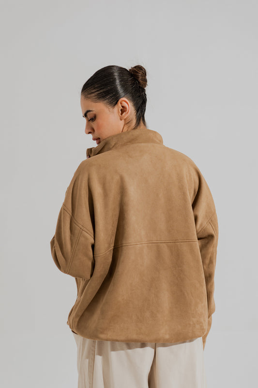 Tan Oversized Mock Neck Suede Jacket - Hustle N Holla