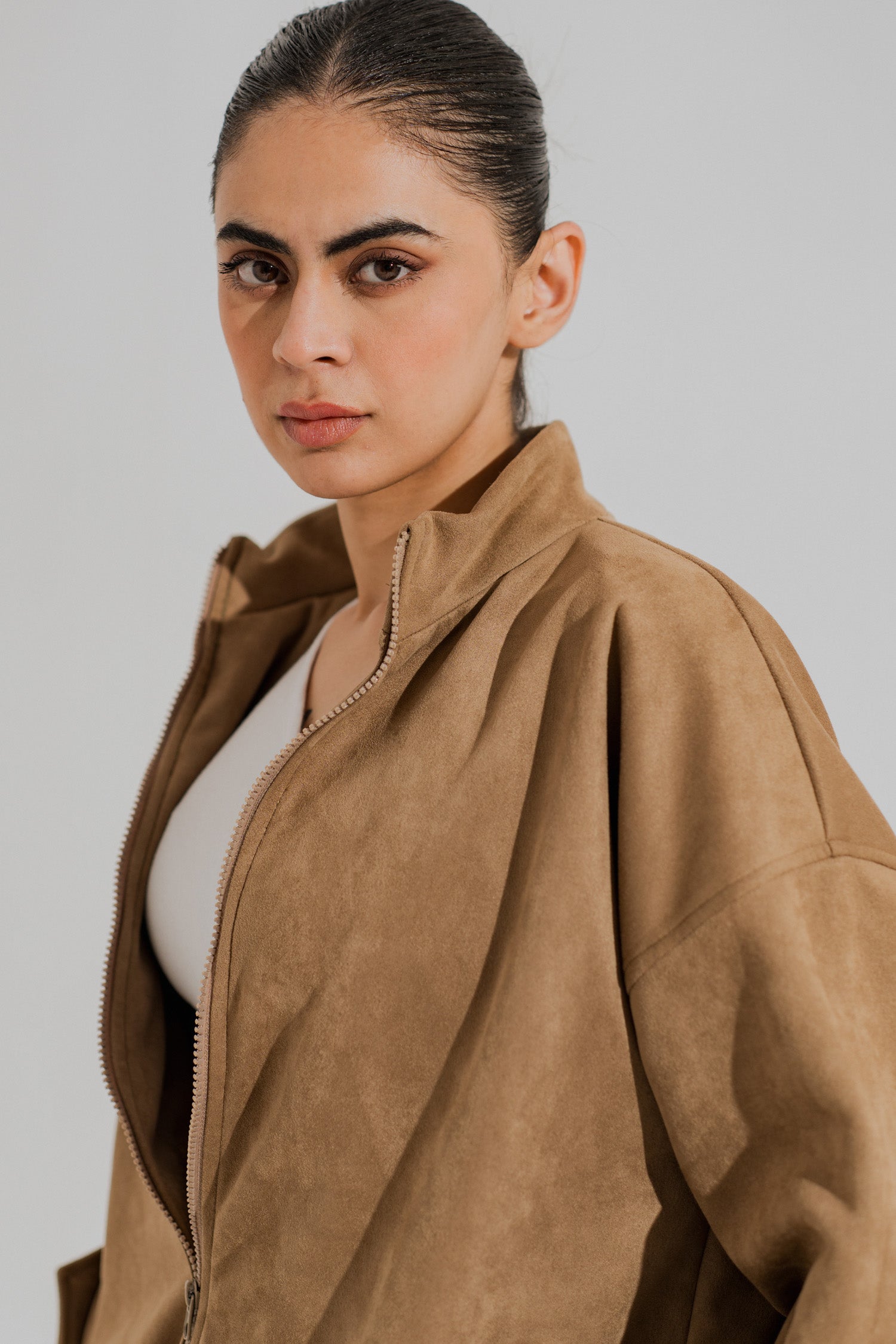 Tan Oversized Mock Neck Suede Jacket - Hustle N Holla