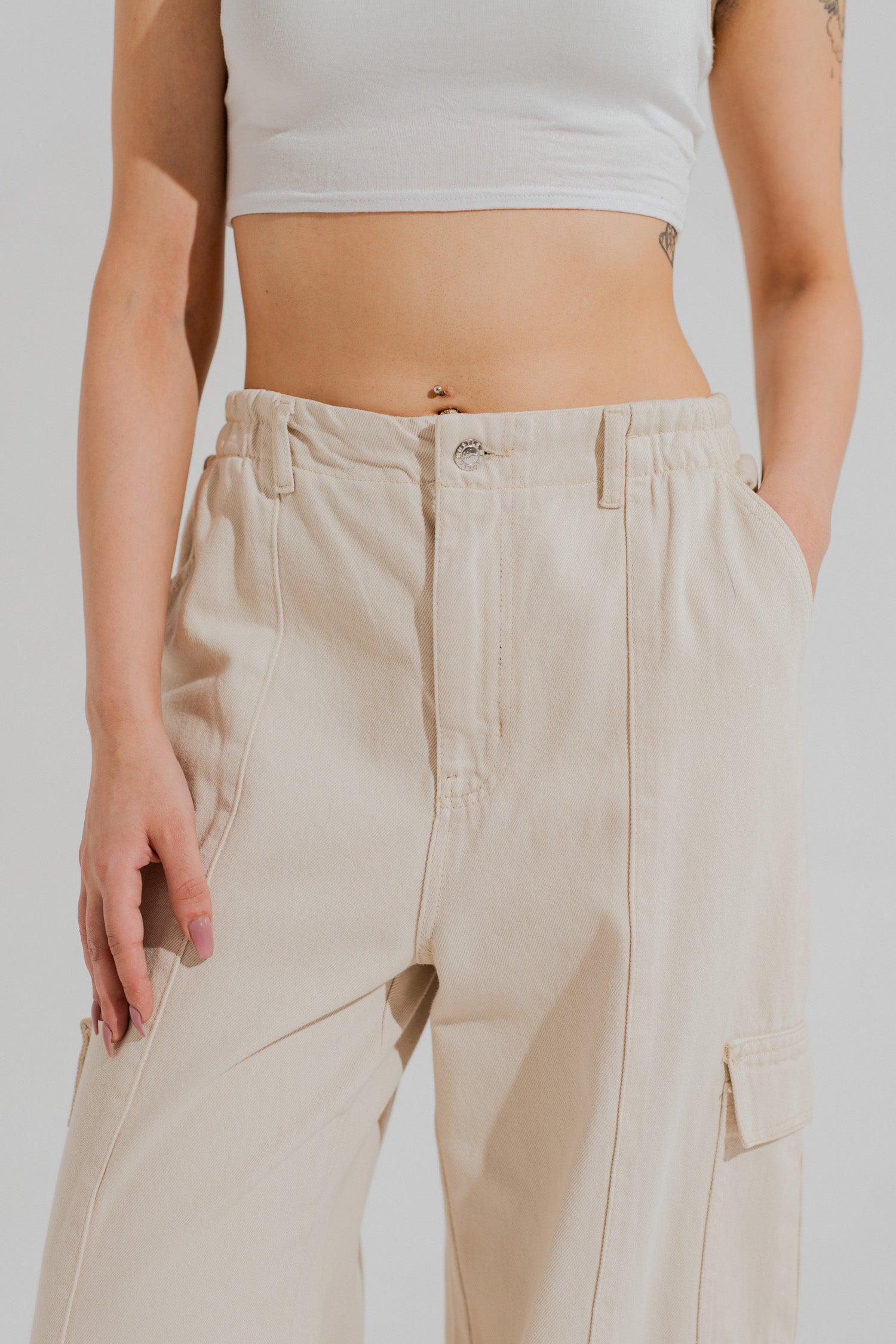 Beige Twill Wide Leg Pants with Cargo Pockets - Hustle N Holla