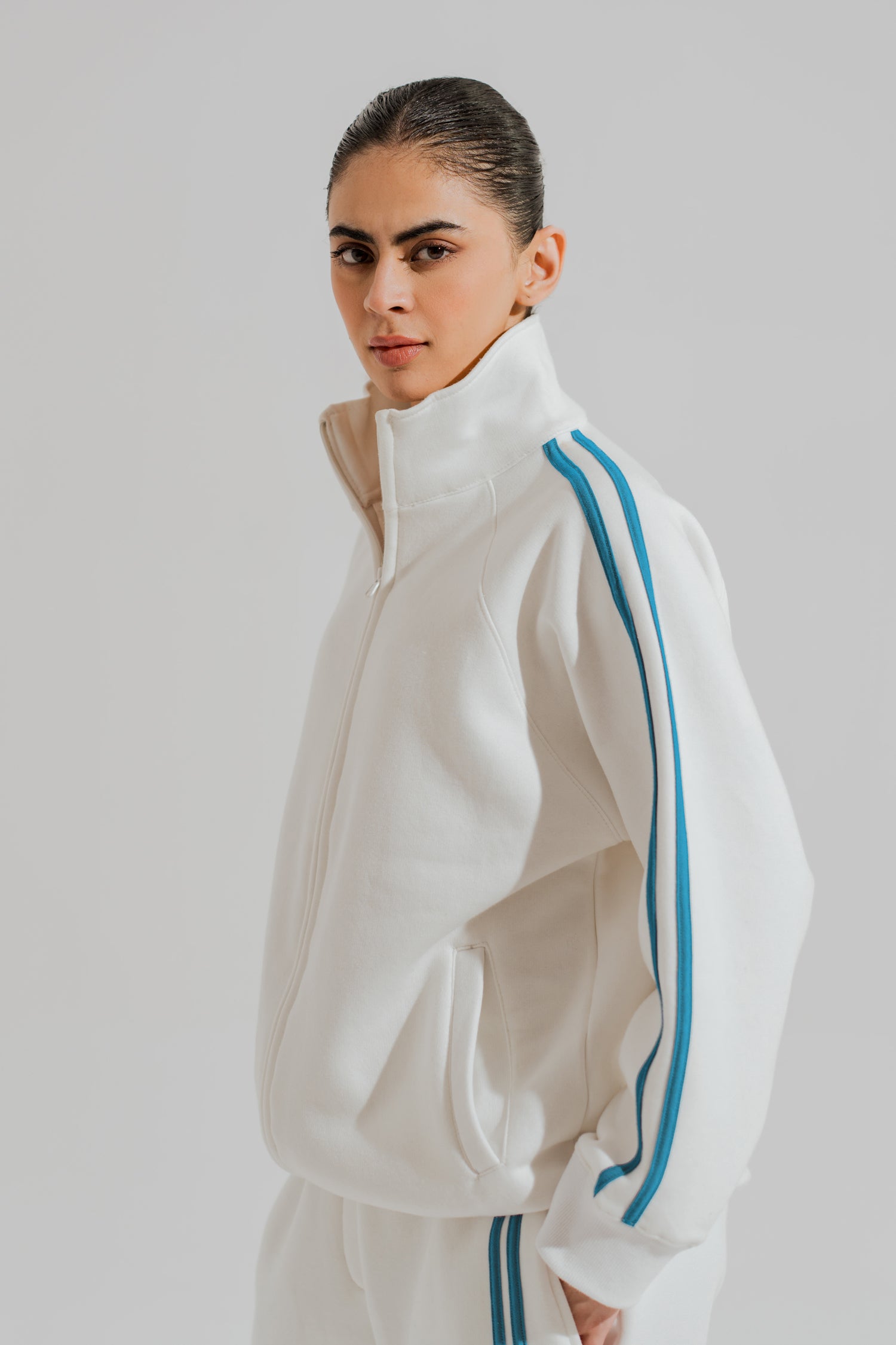 White Relaxed Fit Mock Neck Zipper