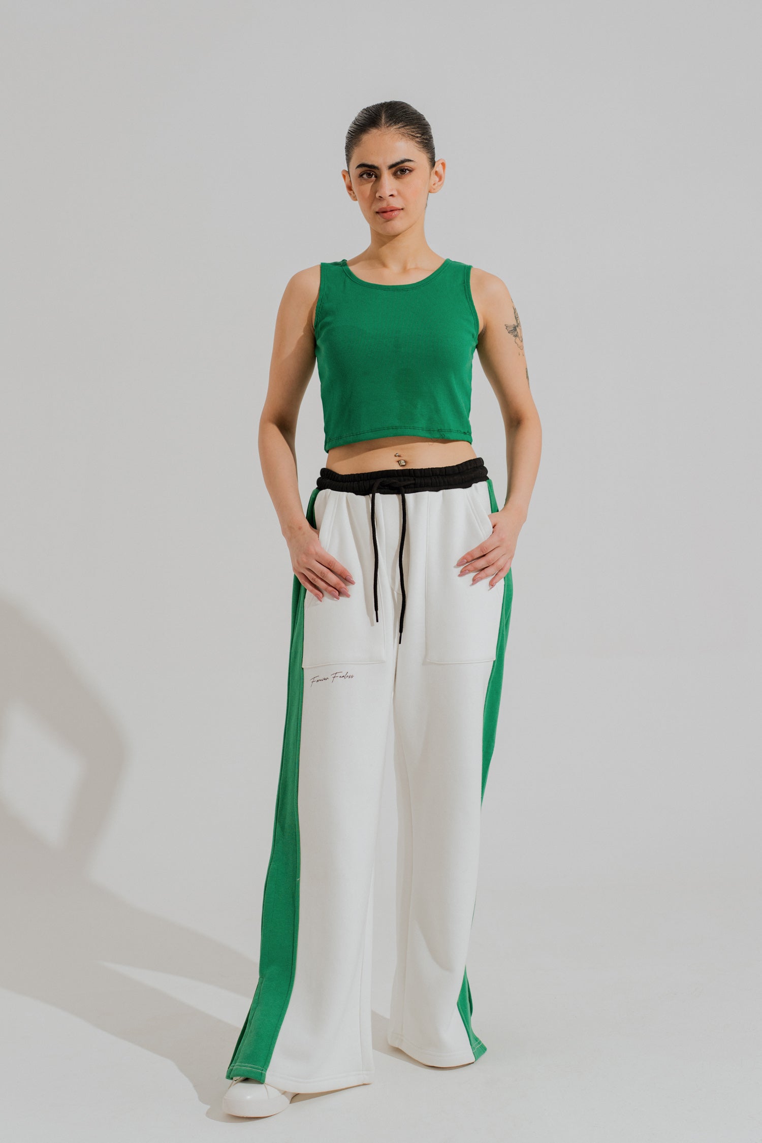 Off White Wide-Leg Contrast Panel Trousers - Hustle N Holla
