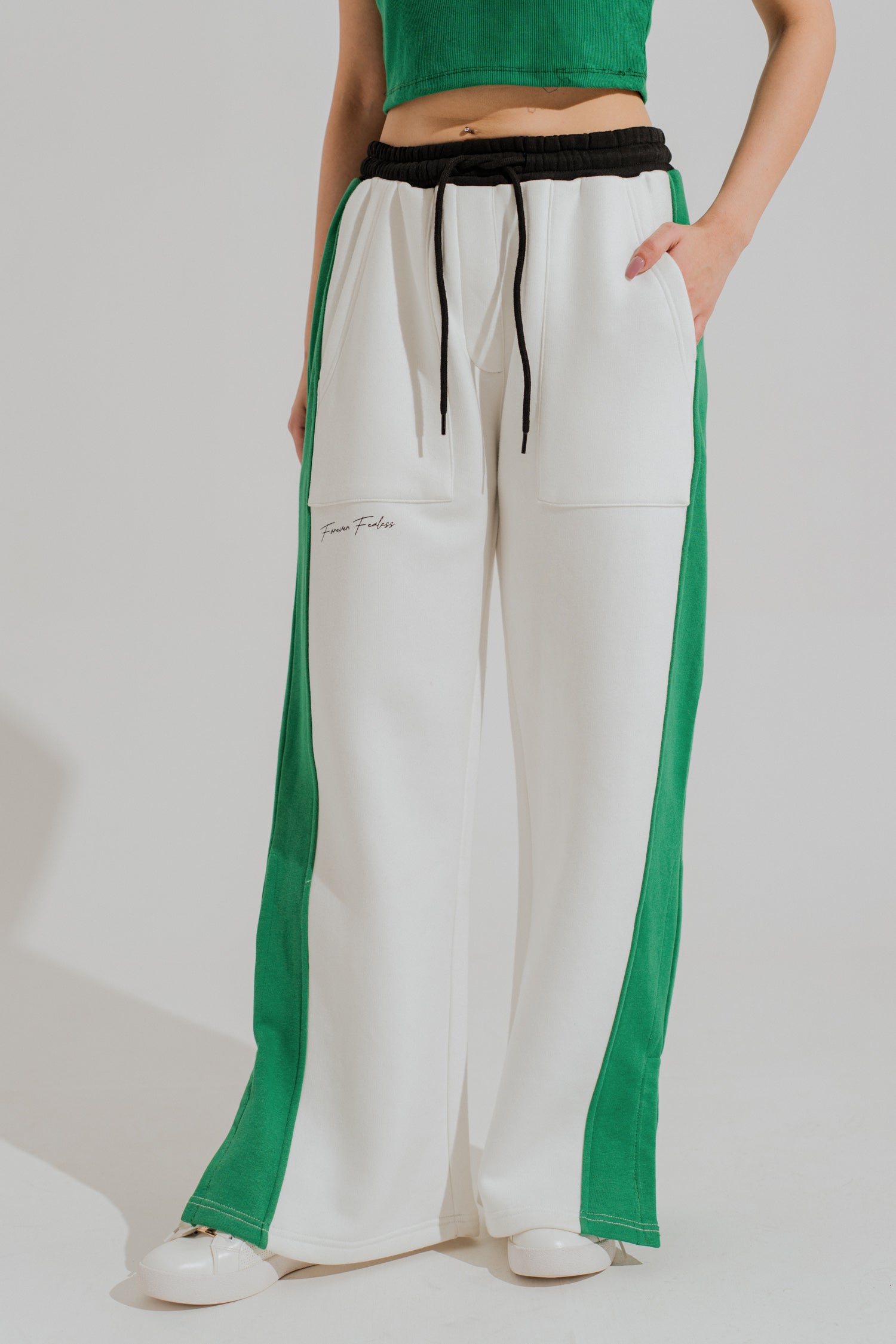 Off White Wide-Leg Contrast Panel Trousers - Hustle N Holla