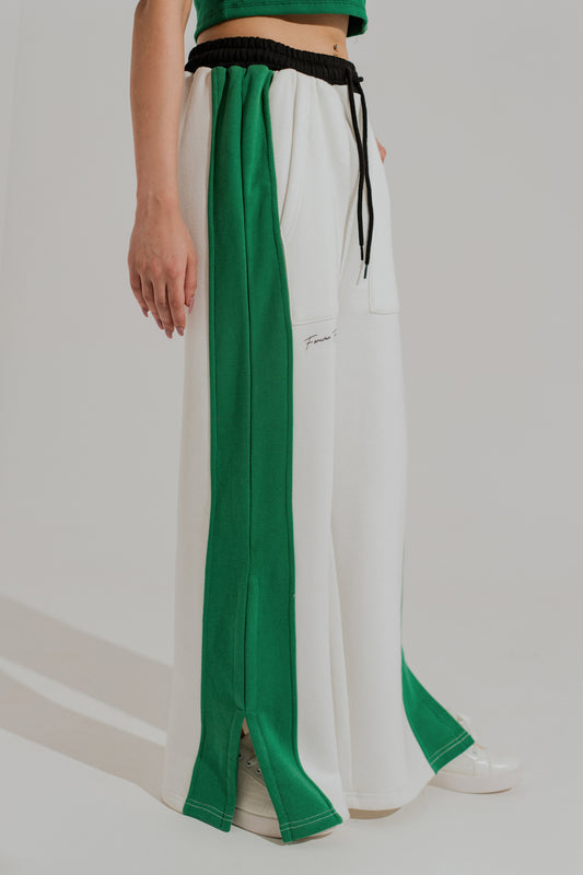 Off White Wide-Leg Contrast Panel Trousers - Hustle N Holla