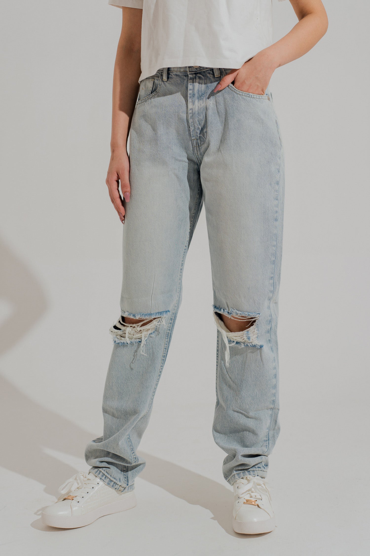 Light Wash Five Pocket Ripped Jeans