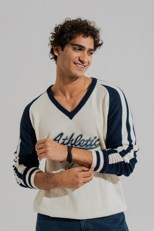 White Relaxed Fit Varsity Sweater - Hustle N Holla